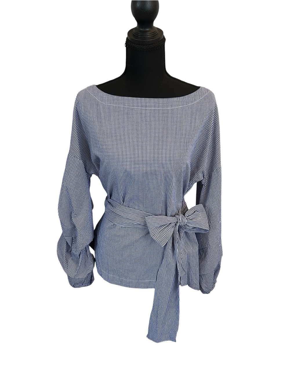 Max Jeans Blue Gingham Tie-Waist Boatneck Blouse 100% Cotton